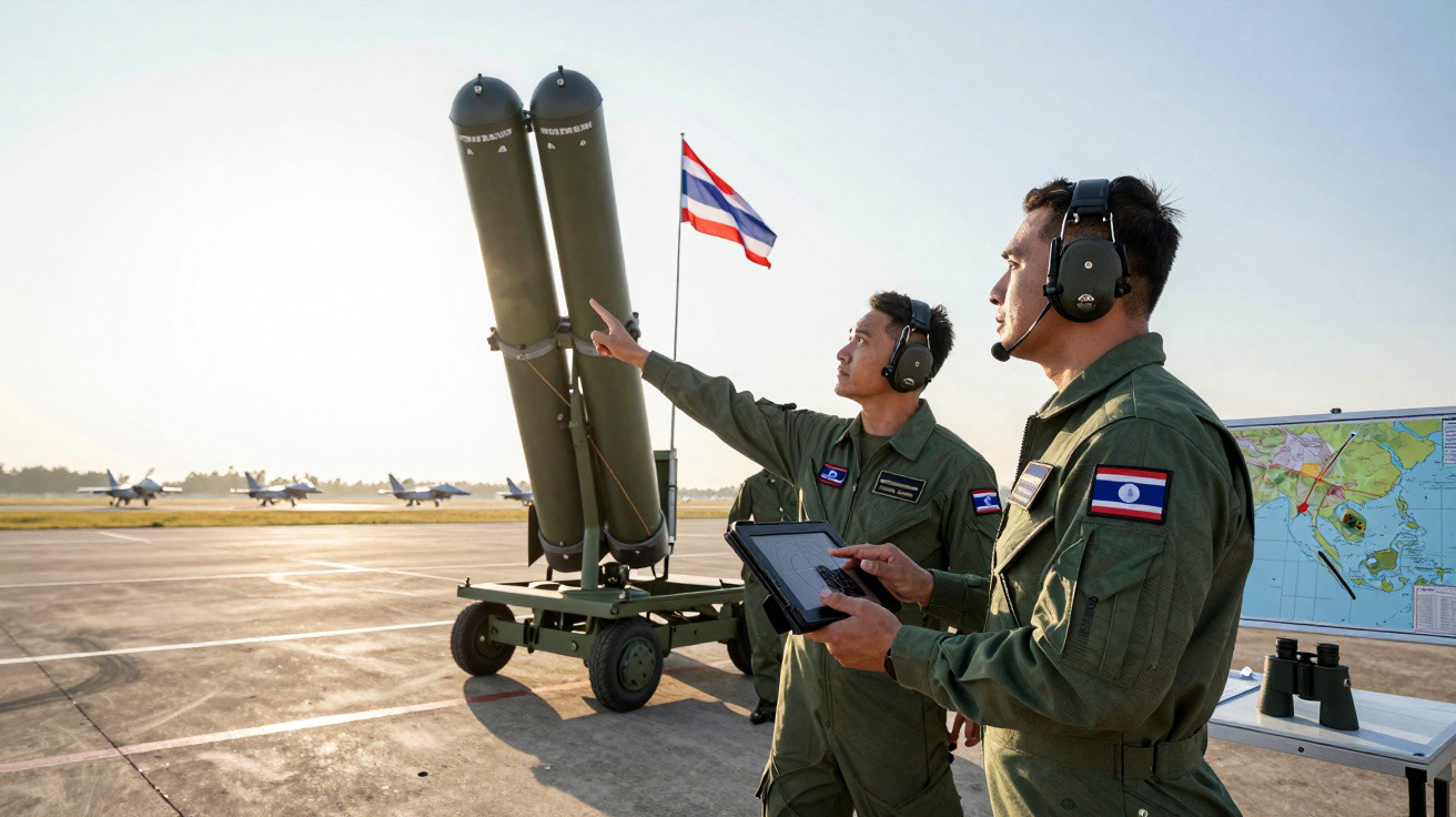 Dois militares com fones de comunicação operam equipamento militar ao ar livre, com aviões e bandeira ao fundo.
