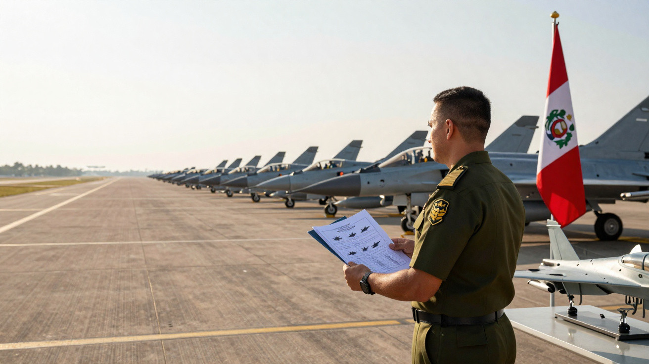 Militar da força aérea do Peru observa fila de aviões de combate estacionados em pista de aeroporto.