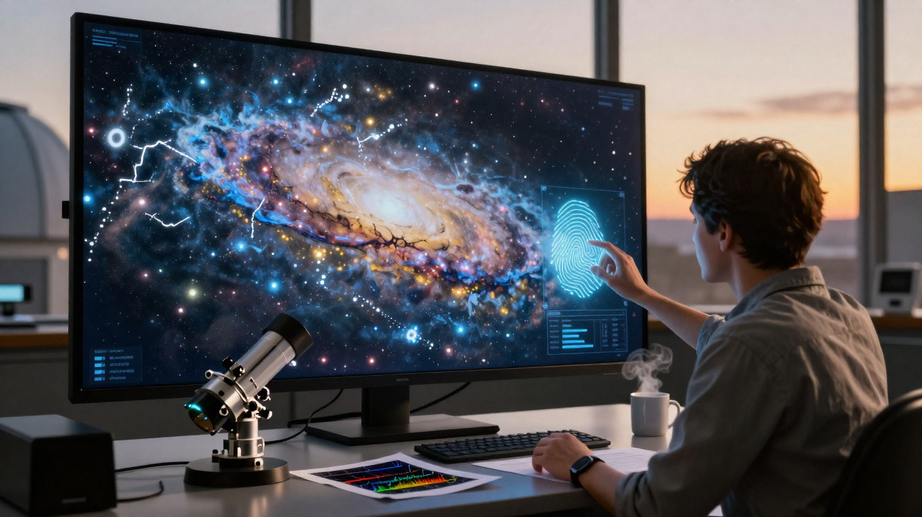 Pessoa interage com ecrã grande exibindo galáxia e impressão digital numa sala com telescópio e gráfico na mesa.