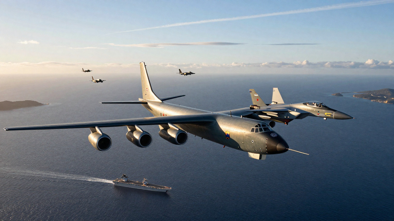 Formação aérea com bombardeiro B-52 e caças F-15 sobre o mar, com navio no mar e ilhas ao fundo.