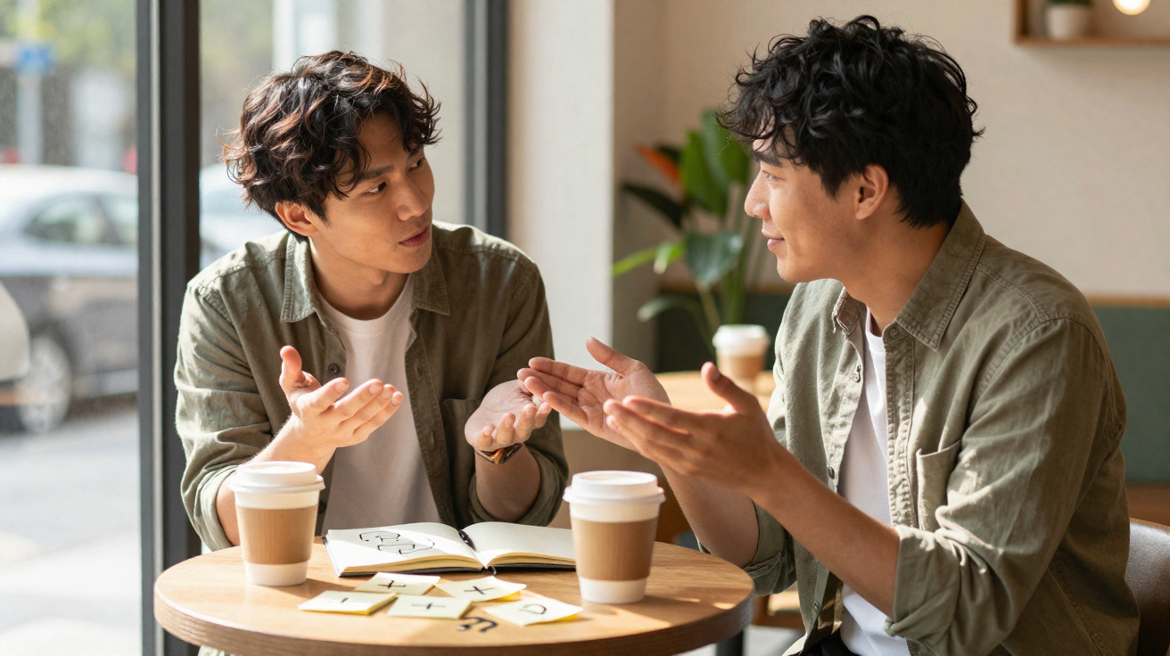 Dois homens conversam animadamente numa mesa de café com livros e notas espalhadas.