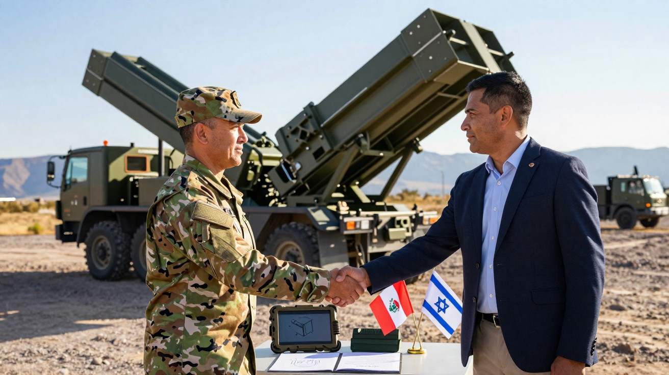 Militar em uniforme camuflado e homem de fato apertam as mãos à frente de sistema militar com bandeiras do Peru e Israel.