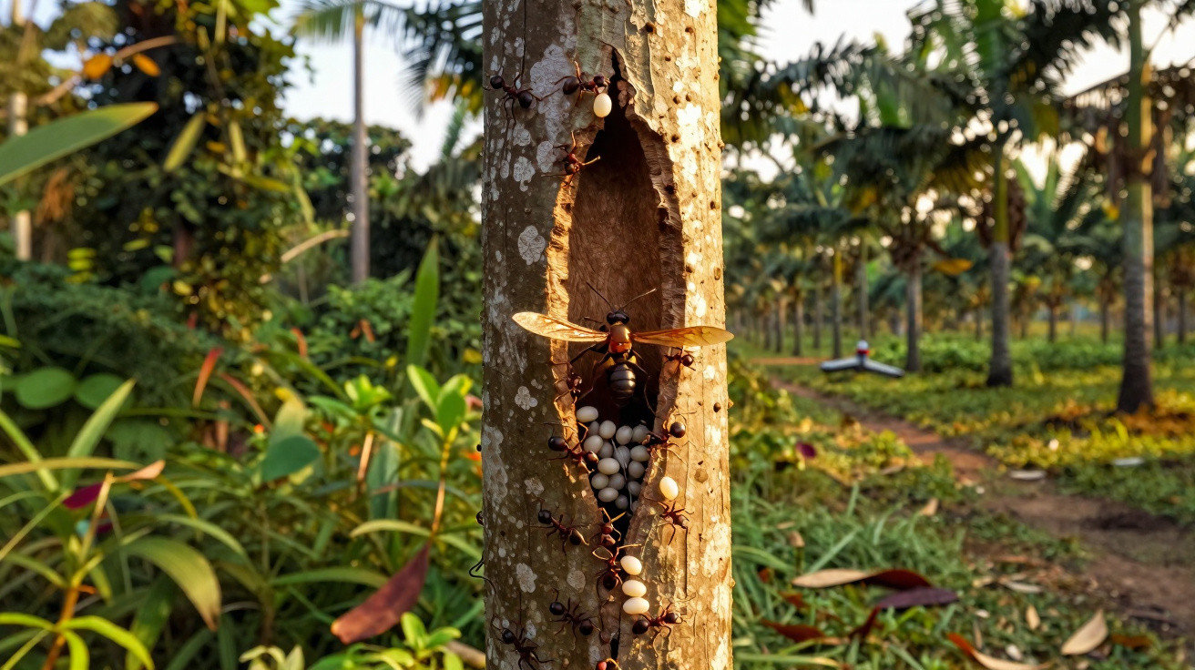 Colónia de formigas cortadeiras num tronco com ovos e vespa em plantação ao entardecer.