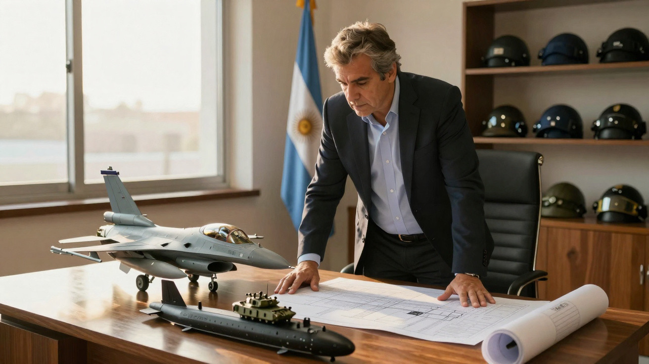 Homem de fato analisa planta numa mesa com modelos de avião de combate e submarino, bandeira atrás.