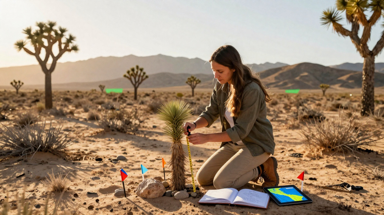 Mulher a medir planta no deserto com caderno e tablet ao lado, rodeada de pequenas bandeiras coloridas.
