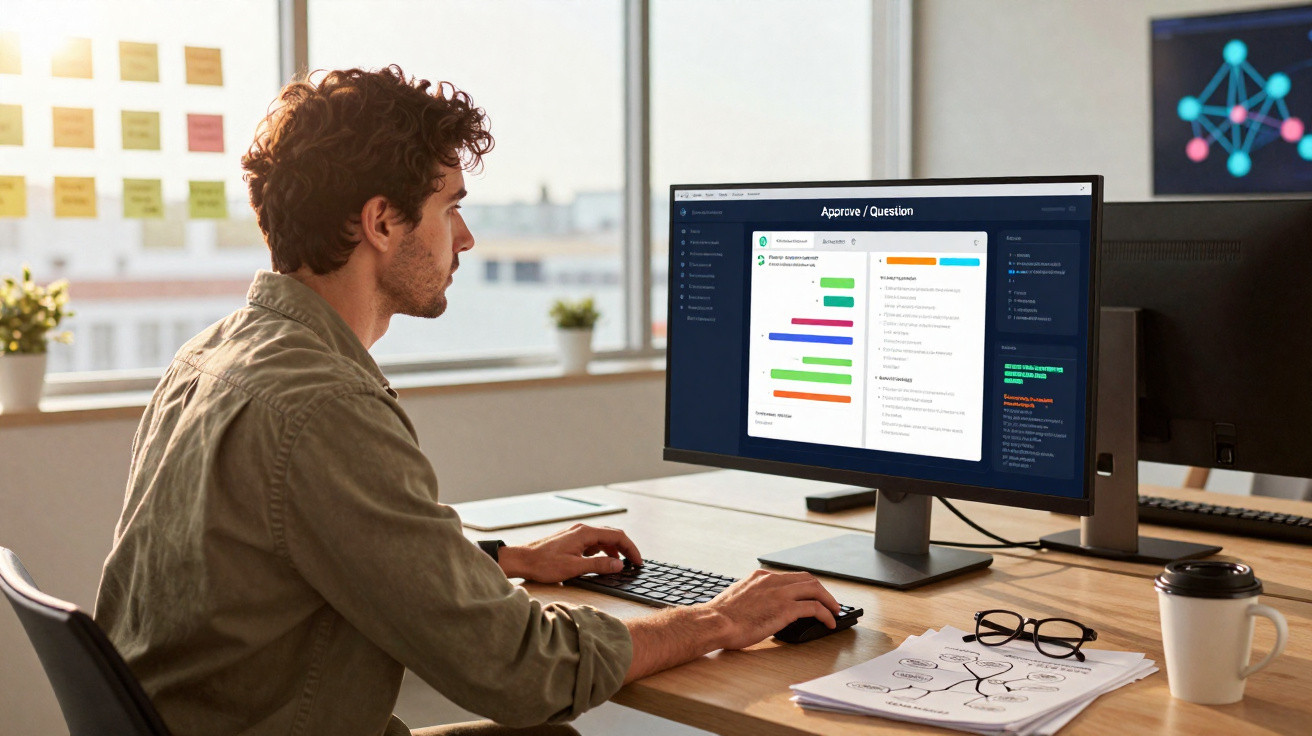Homem sentado a trabalhar num computador desktop com gráficos coloridos numa aplicação de análise de dados.