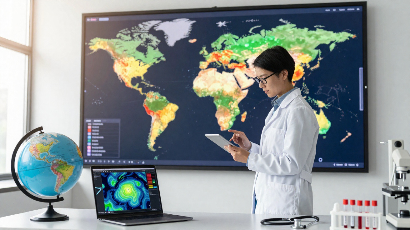 Mulher cientista em bata branca analisa dados climáticos em tablet com mapa-múndi ao fundo.