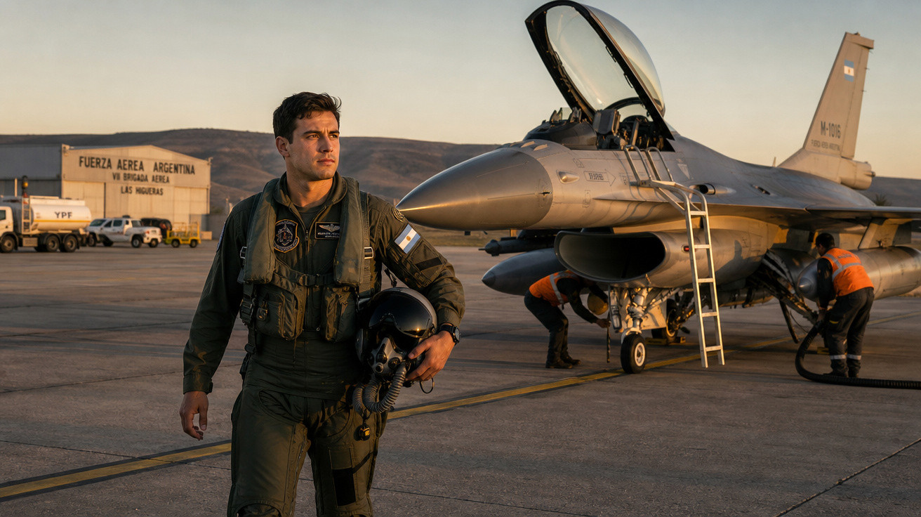 Piloto militar com fato de voo e capacete na mão junto a jato de caça na base aérea ao pôr do sol.
