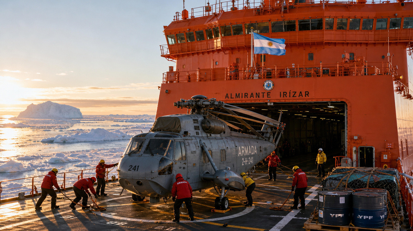 Helicóptero militar a ser limpo no convés do navio polar Almirante Irízar, rodeado de gelo marinho ao pôr do sol.