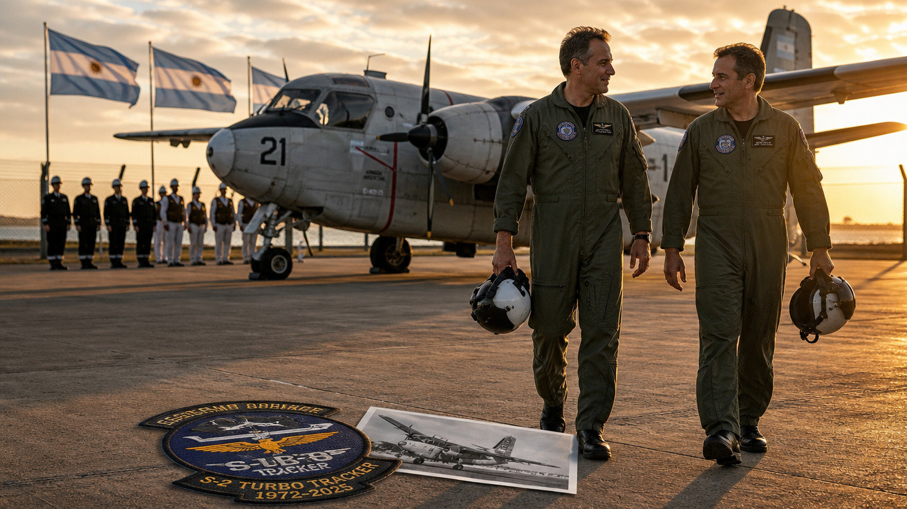 Dois pilotos em fato de voo caminham junto a um avião militar ao pôr do sol, com bandeiras argentinas ao fundo.