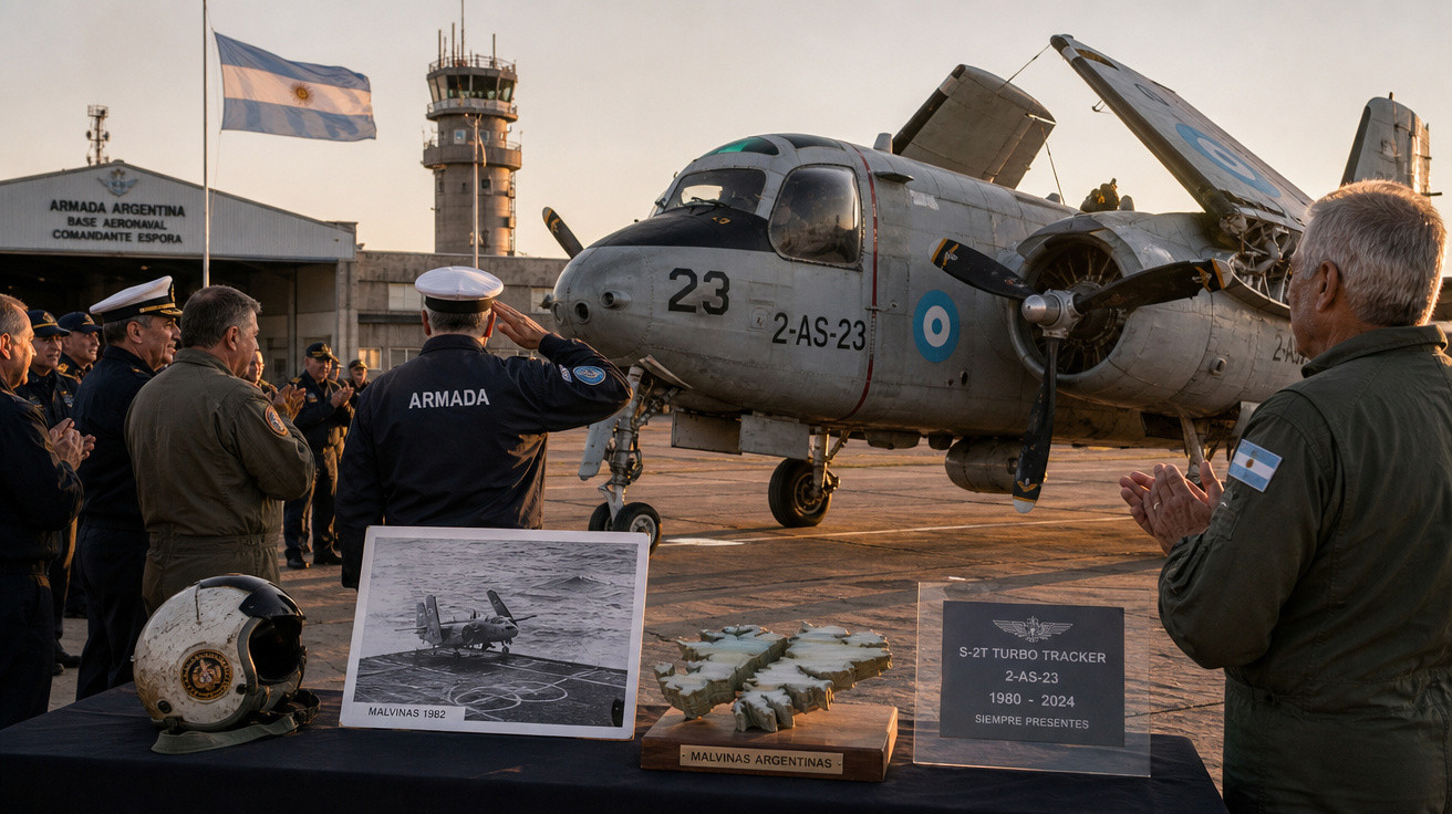 Cerimónia militar junto a avião S-2T Turbo Tracker da Marinha Argentina em base aérea com bandeira argentina içada.