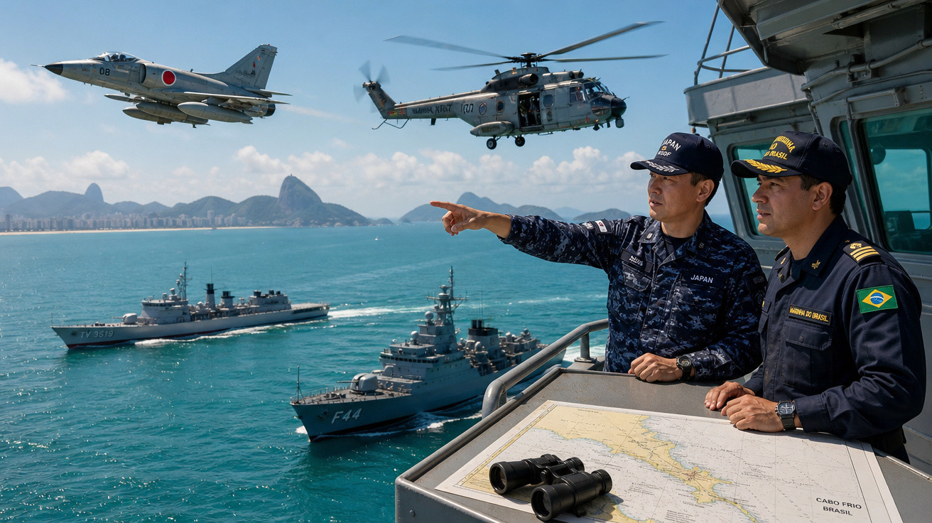 Dois militares em convés de navio observam helicóptero e avião militares sobre frota naval no mar.