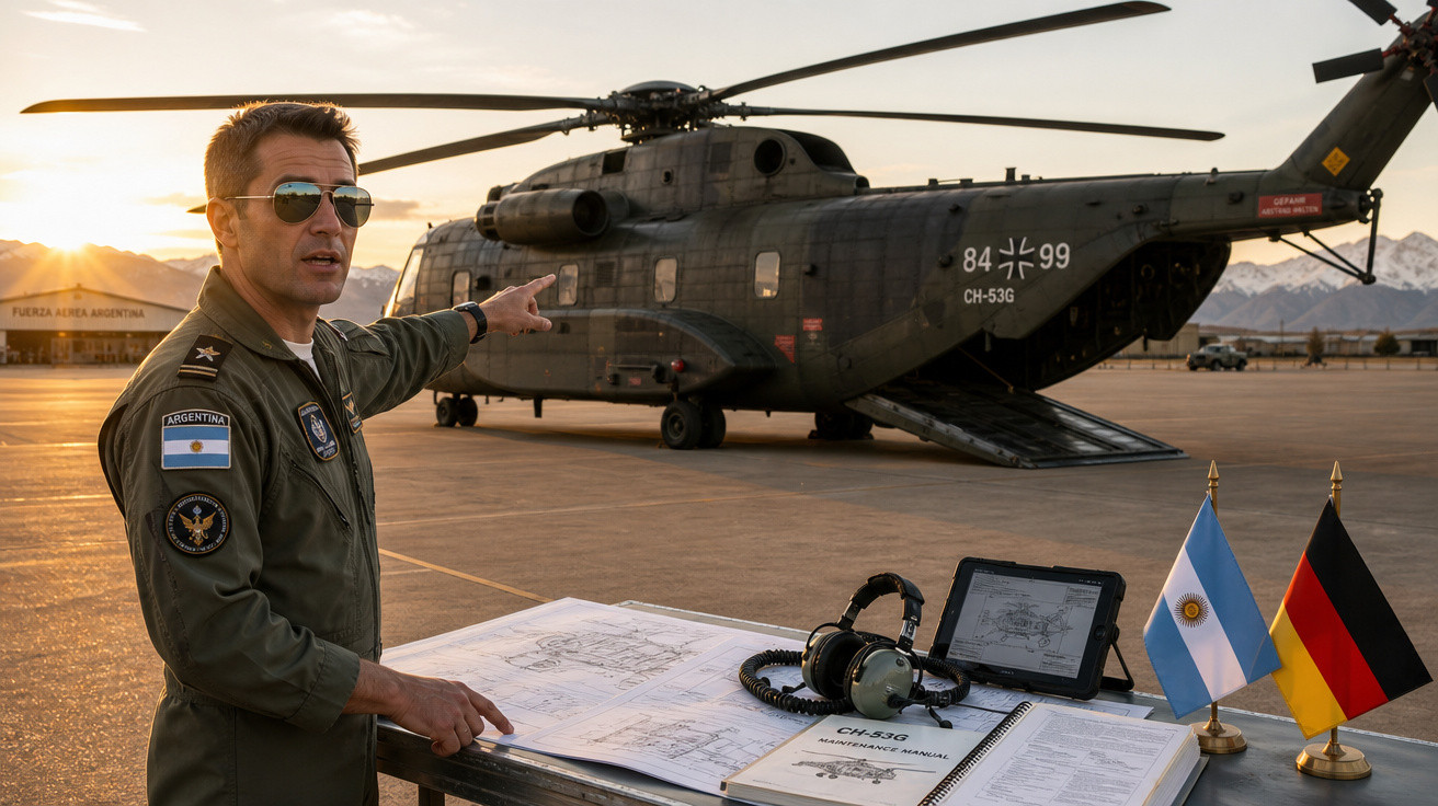 Homem fardado aponta para helicóptero militar CH-53G em pista, com mapas e bandeiras da Argentina e Alemanha.