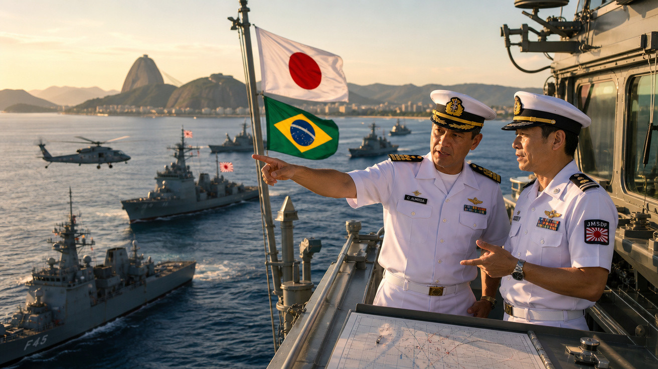 Dois oficiais navais, um brasileiro e um japonês, conversam a bordo de um navio com bandeiras do Japão e Brasil ao fundo.