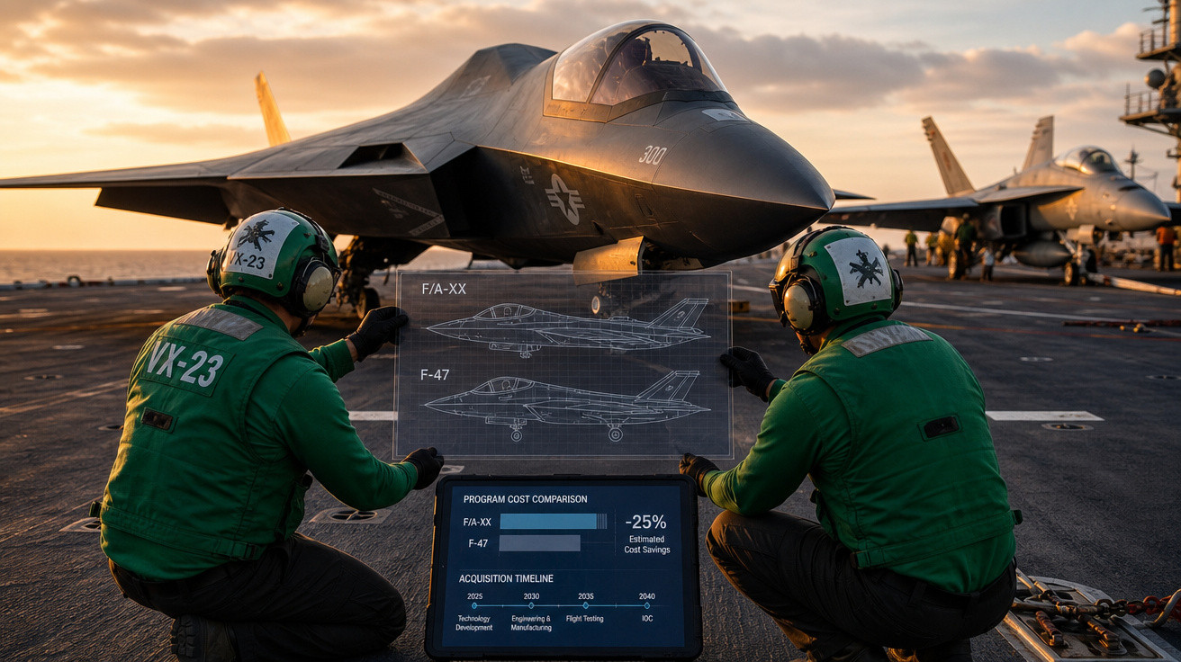 Dois técnicos em verde analisam planos digitais de um caça F/A-XX na pista de um porta-aviões ao pôr do sol.