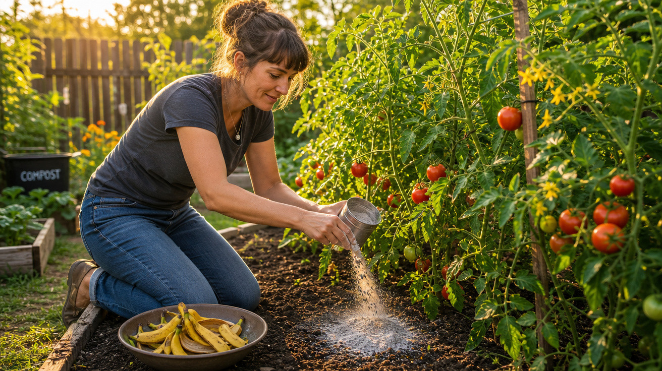 Mulher regando plantas de tomate num jardim com luz solar ao fim da tarde.