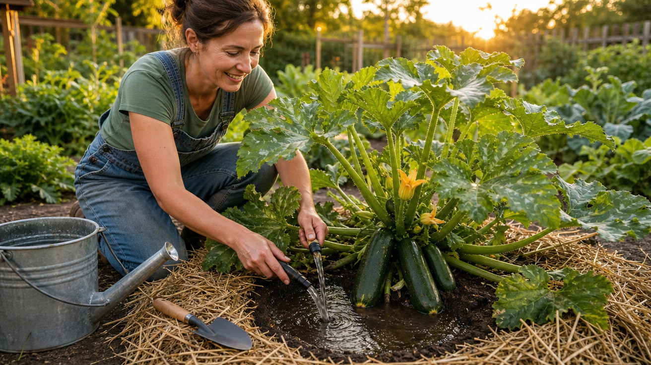 Mulher a regar planta de courgette num jardim ao ar livre ao pôr do sol, sorrindo.