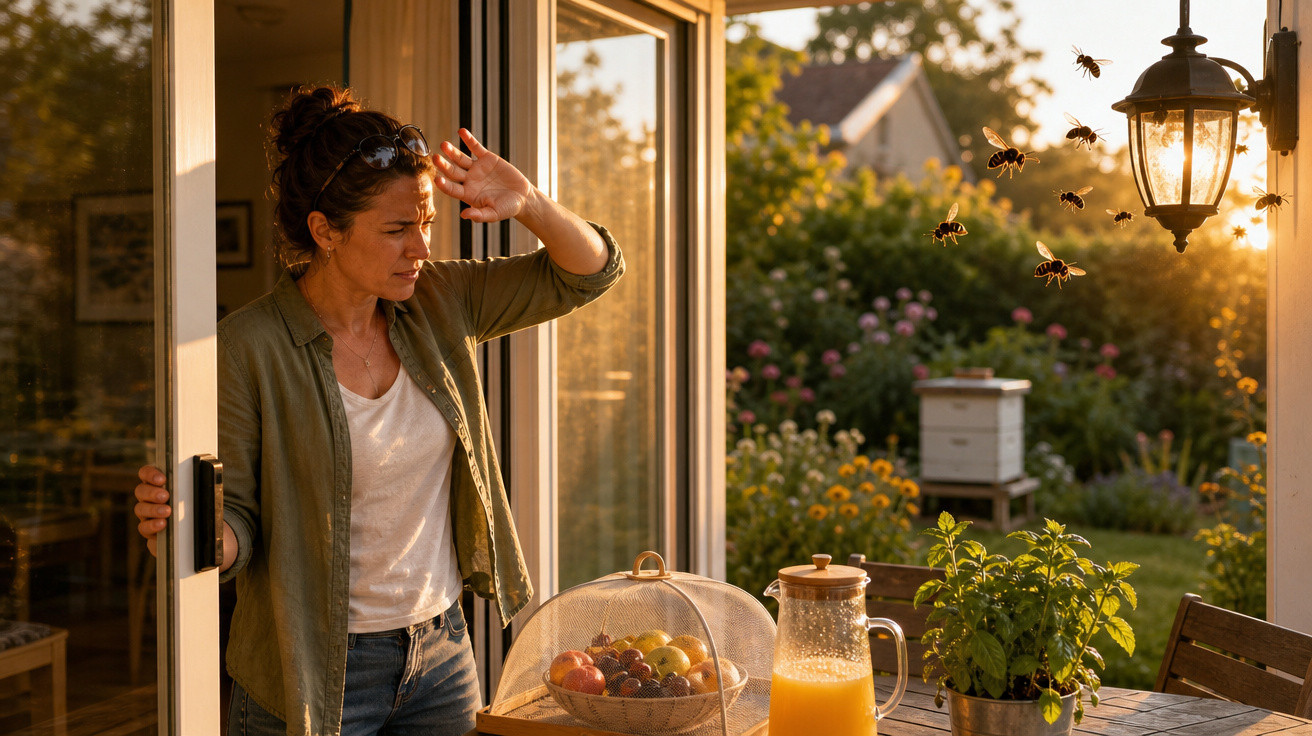 Mulher a fechar porta tentando afastar abelhas num alpendre com mesa de frutas e suco ao pôr do sol.
