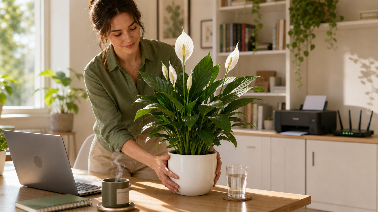 Mulher a colocar planta em vaso branco numa mesa com computador portátil, vela e copo de água.