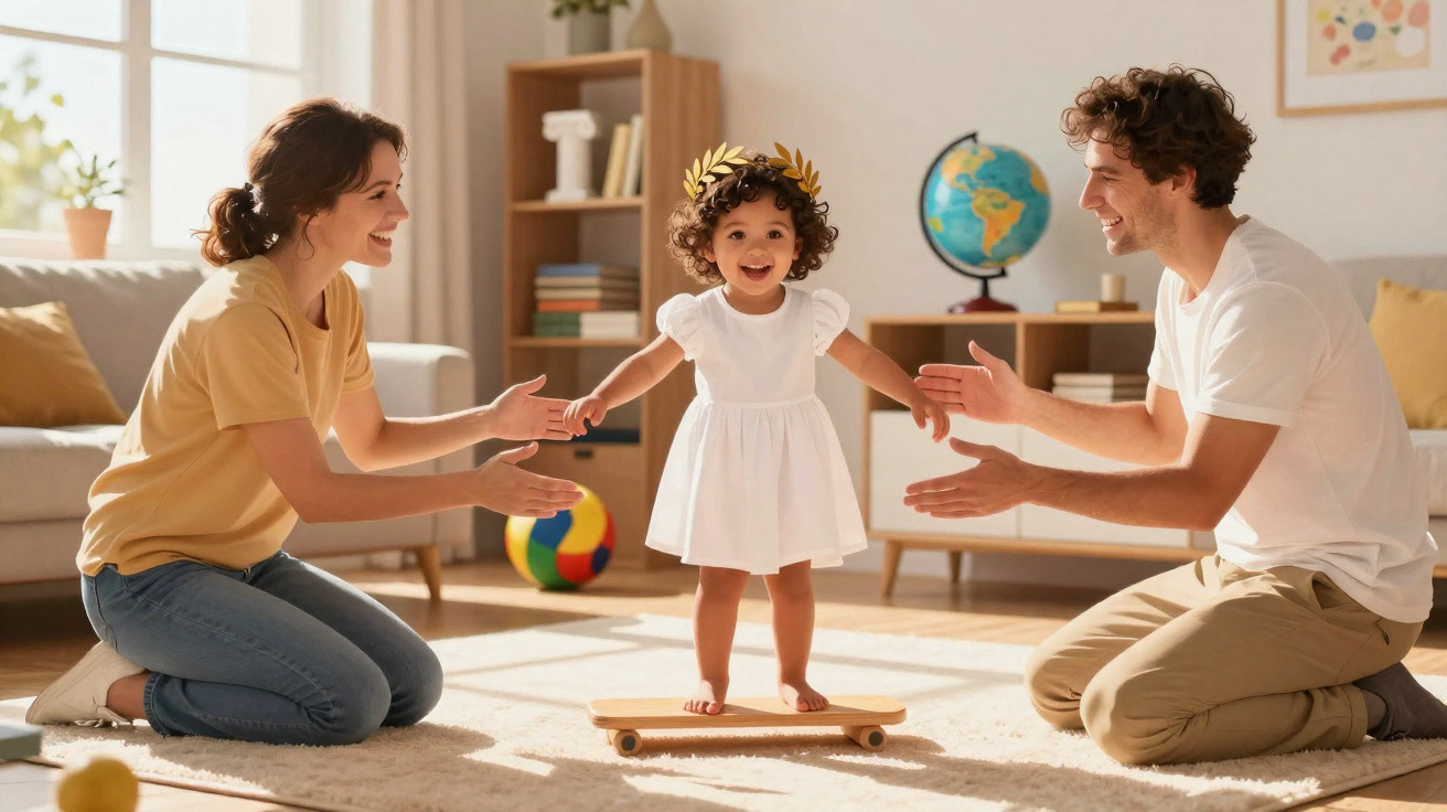Criança de vestido branco em skate, entre mãe e pai sorridentes num quarto luminoso.