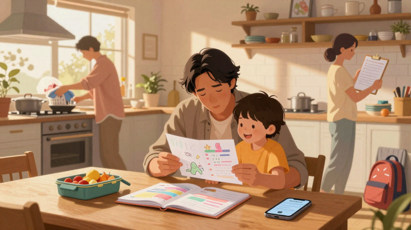 Família em casa: pai e filho estudam na mesa enquanto mãe e adulto lavam a loiça e fazem lista na cozinha.