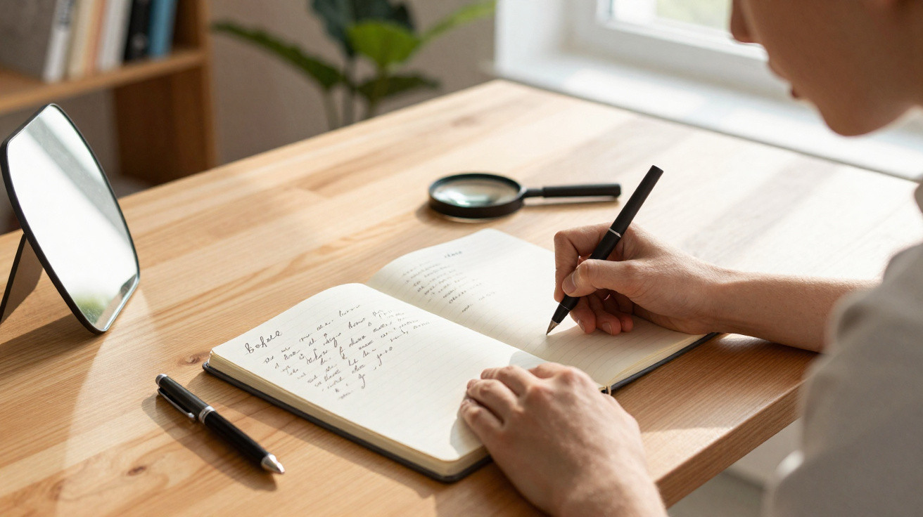 Pessoa a escrever num caderno aberto sobre mesa de madeira, com lupa e caneta ao lado.