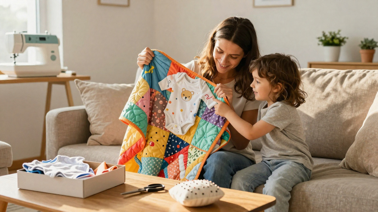 Mulher e criança sentados no sofá a olhar e tocar numa manta colorida com roupa de bebé.