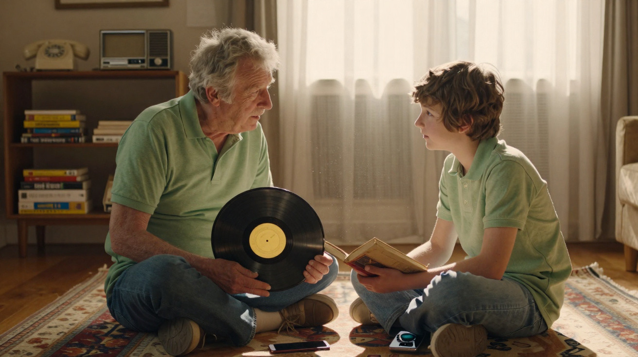 Homem idoso e menino sentados no chão, o homem segura um disco de vinil e o menino um livro.