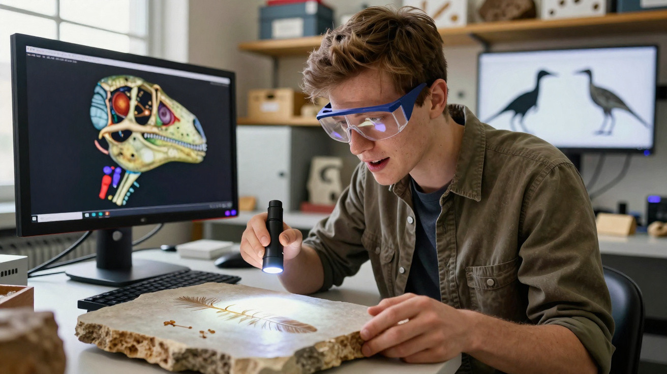 Jovem cientista examina fóssil com lanterna, com imagens de dinossauro em monitores ao fundo.