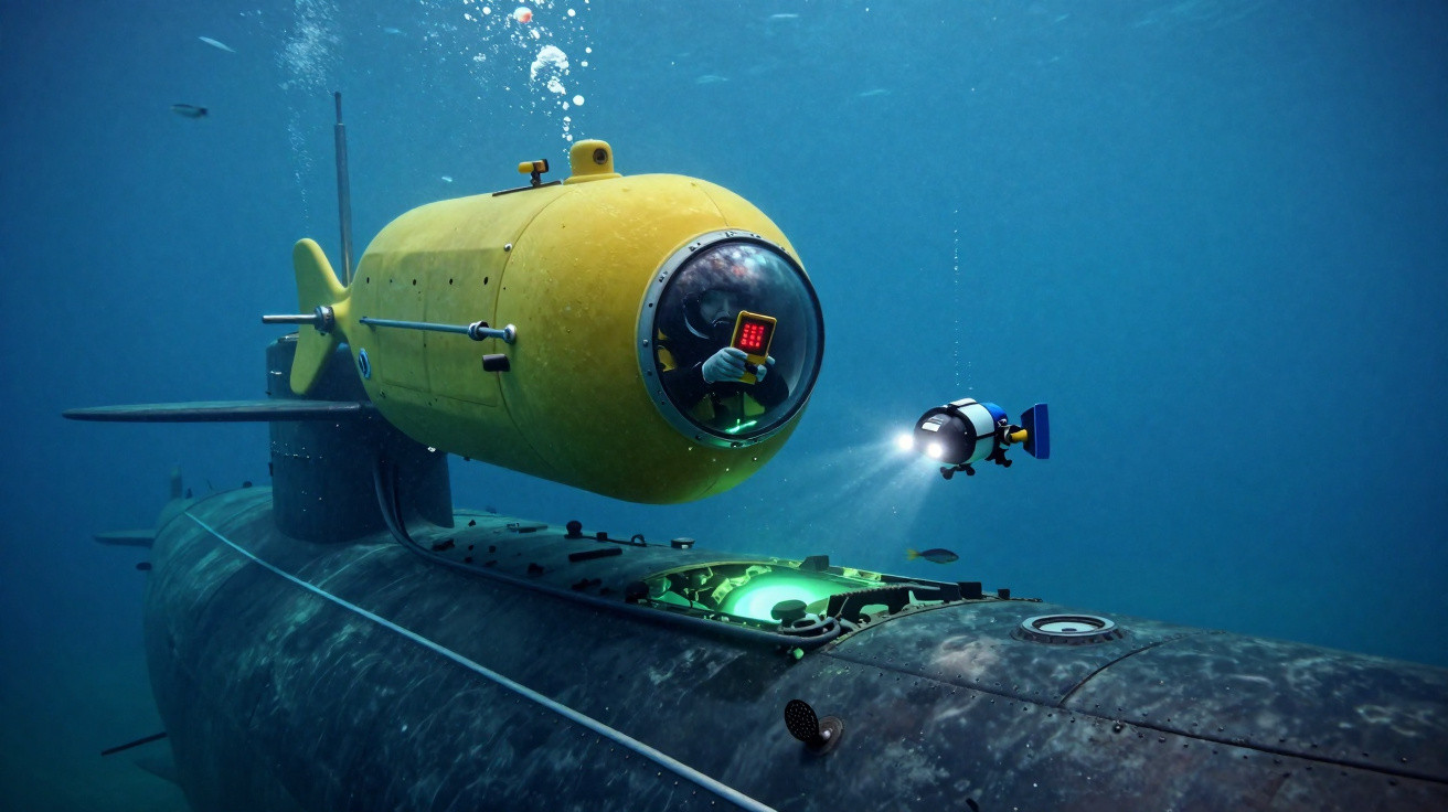 Submarino amarelo e robô subaquático explorando um submarino maior no fundo do mar.
