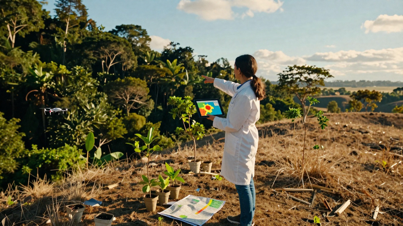 Cientista com bata branca a usar tablet para monitorar drones numa clareira com plantas jovens e floresta ao fundo.