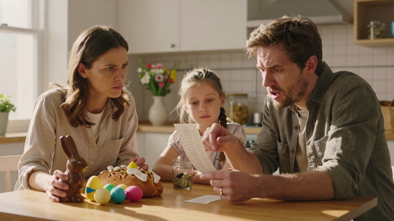 Família preocupada a analisar uma conta à mesa com decoração e ovos coloridos na cozinha.