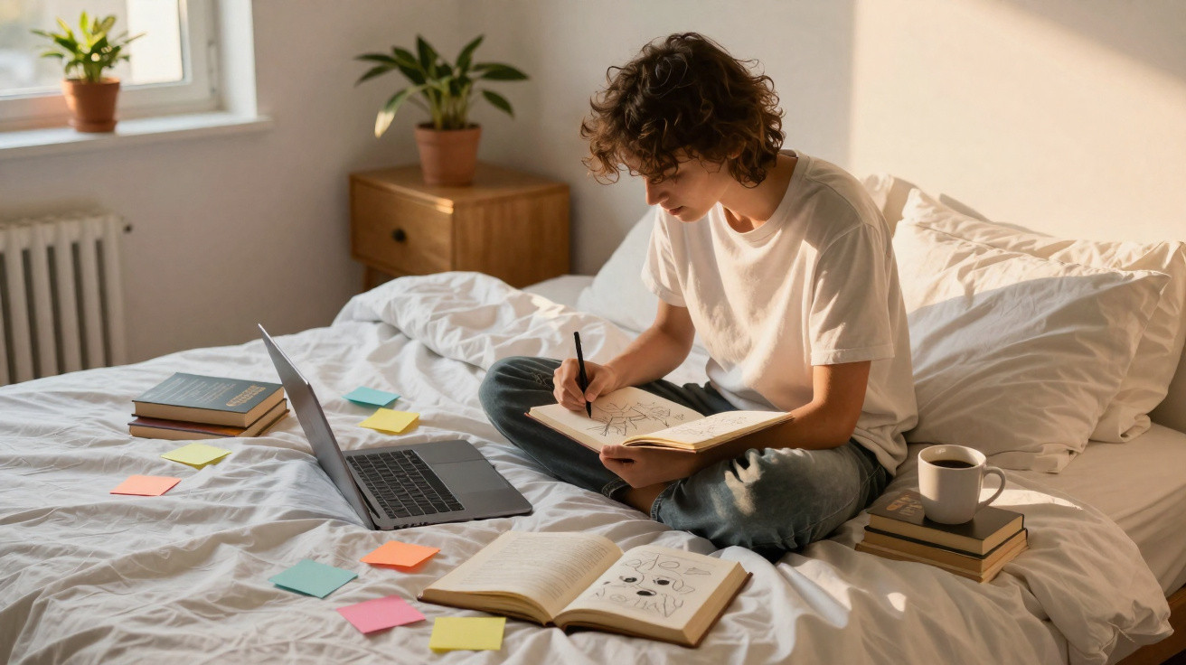 Pessoa sentada na cama a desenhar num caderno, com computador portátil, livros e caneca à volta.