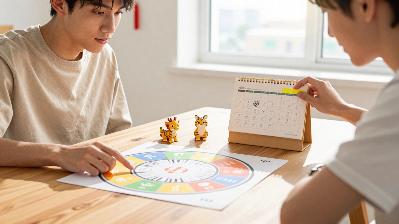 Duas pessoas sentadas à mesa a consultar um calendário e um jogo de tabuleiro colorido.