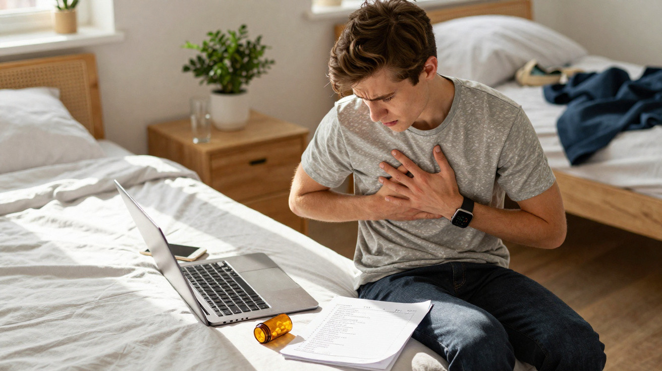Homem jovem sentado na cama, segurando o peito com expressão de dor, ao lado de computador e medicamentos.