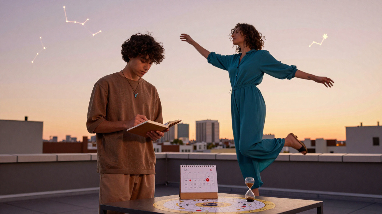 Dois jovens num terraço ao pôr do sol, um lê um livro e o outro dança com braços abertos.