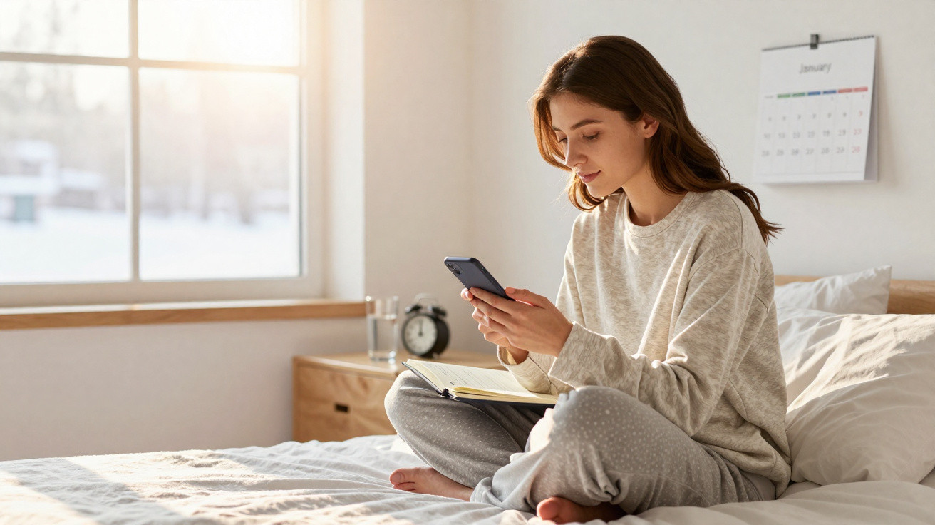 Mulher sentada na cama em pijama a usar telemóvel, com caderno aberto e luz natural a iluminar o quarto.