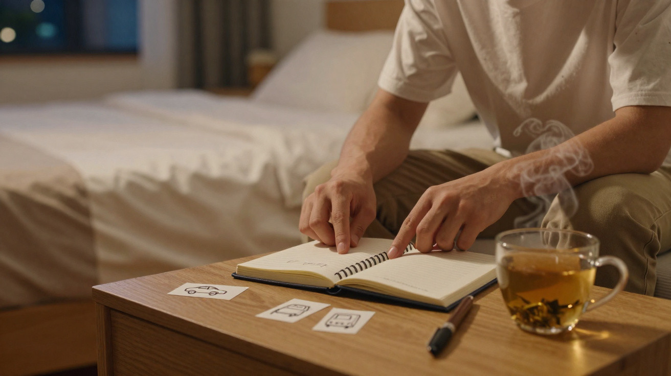 Pessoa a apontar para um caderno aberto numa mesa com cartões ilustrados e uma chávena de chá quente.