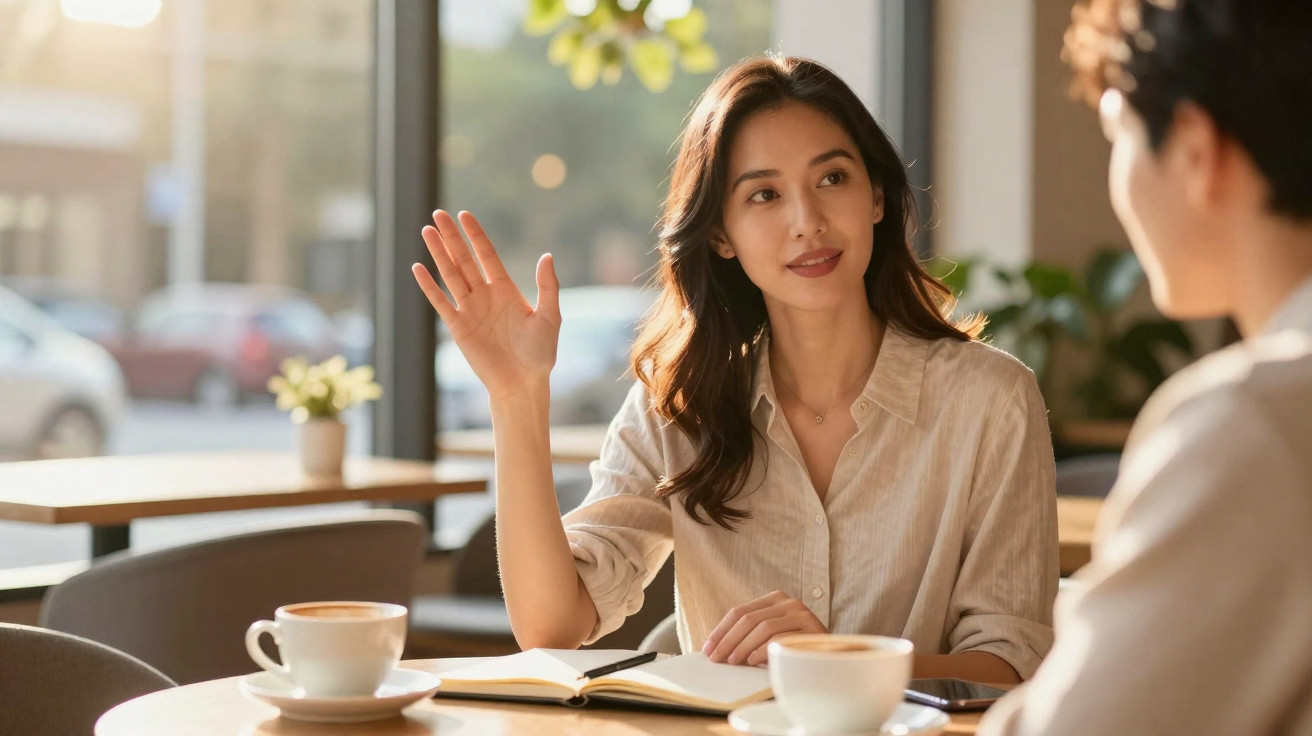 Mulher a sorrir e a acenar à mesa de café, com caderno aberto, conversando com pessoa ao lado.