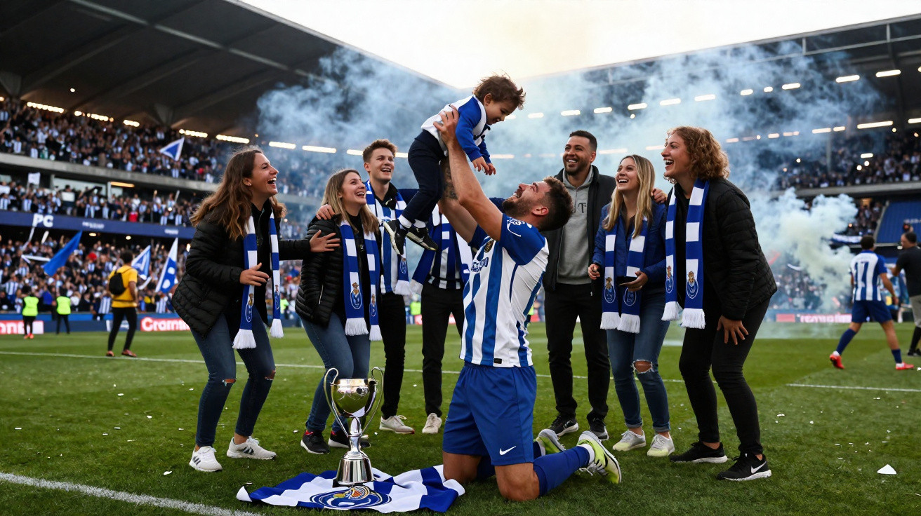 Jogador de futebol do FC Porto celebra com filho e adeptos no campo após conquista de troféu.