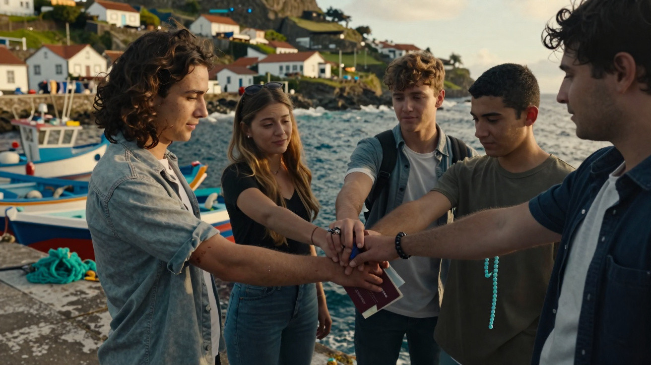 Grupo de cinco jovens junto ao mar, com barcos ao fundo, a juntar as mãos em união.