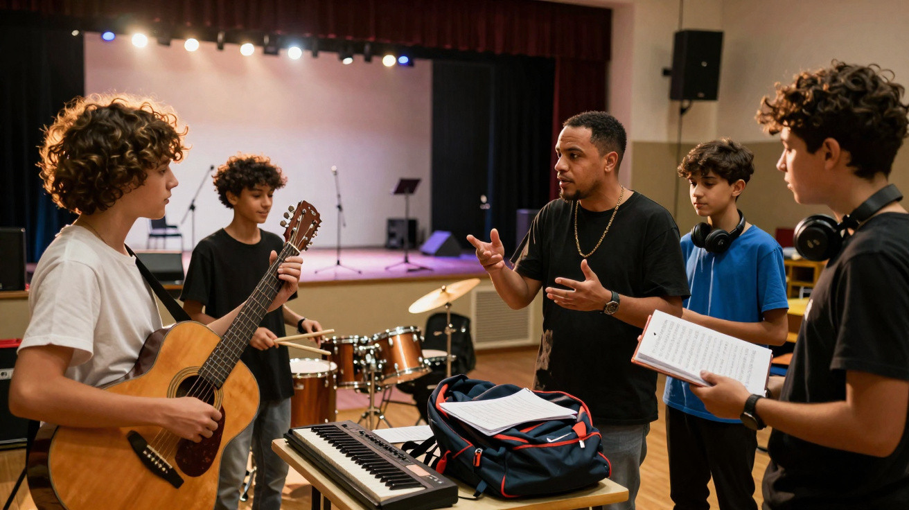Professor a ensinar música a grupo de jovens com instrumentos numa sala de ensaio.