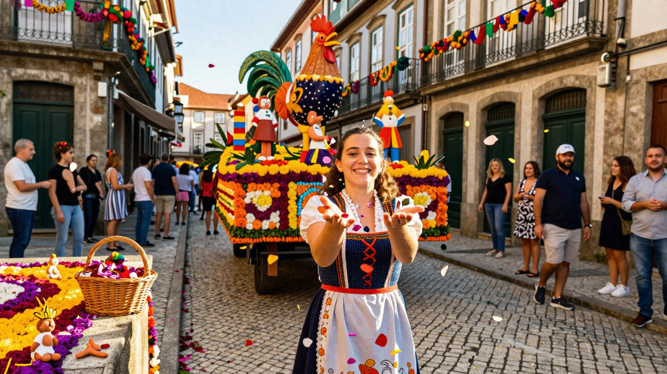 Jovem com traje tradicional lança flores numa rua enfeitada durante desfile festivo com carro alegórico colorido.