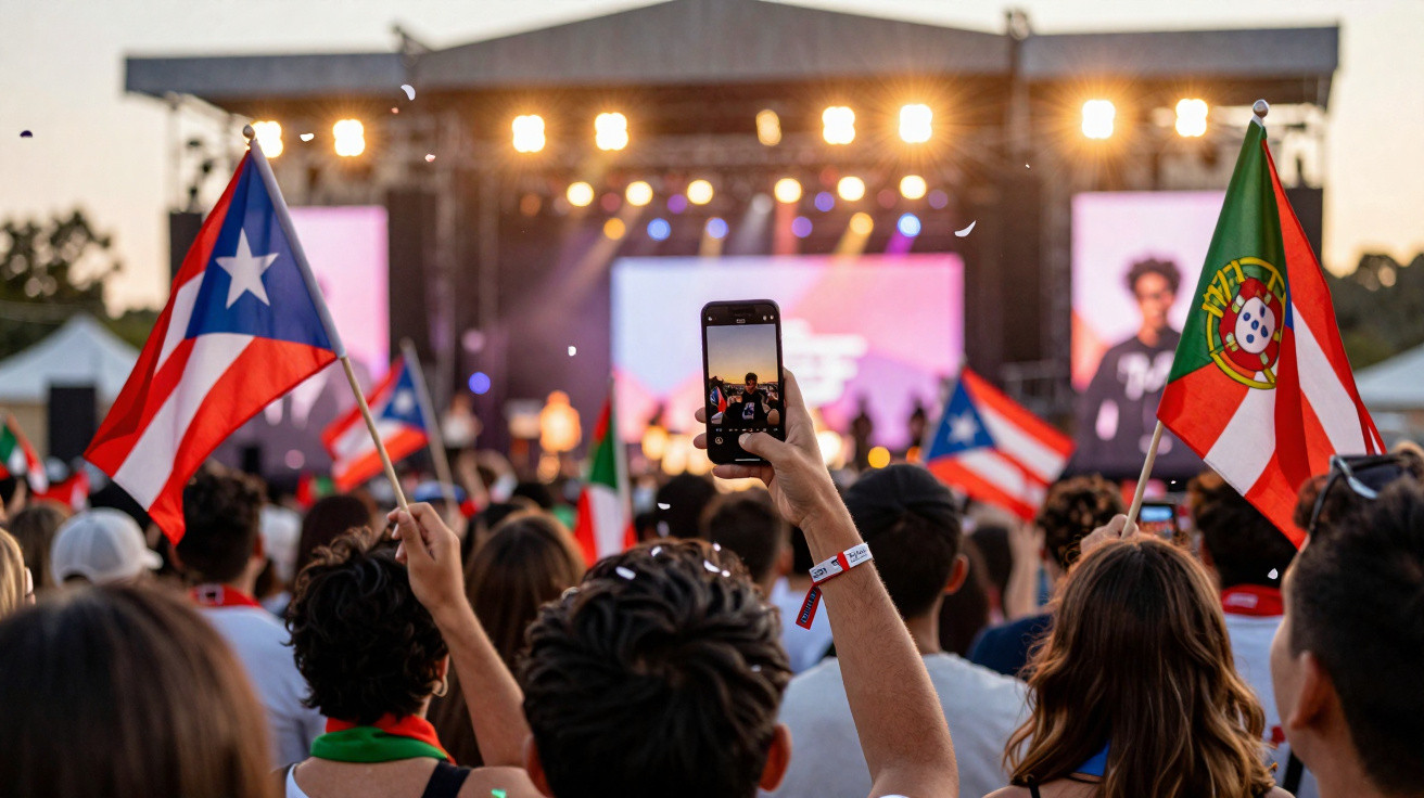 Público com bandeiras de Porto Rico e Portugal a assistir e gravar um concerto ao ar livre ao pôr do sol.
