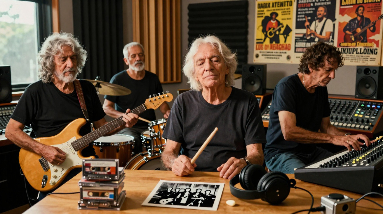 Quatro músicos seniores a tocar em estúdio de gravação com instrumentos e equipamento de áudio.
