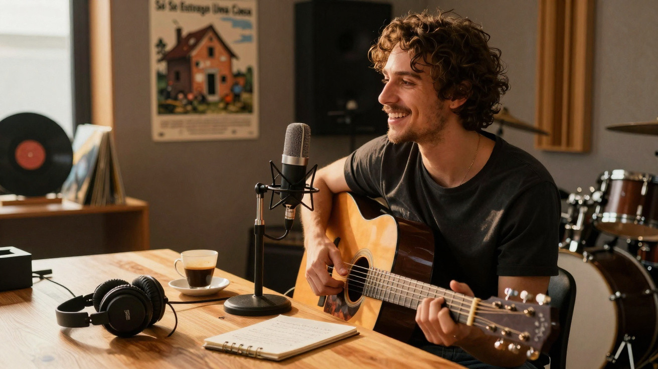 Jovem a sorrir enquanto toca guitarra acústica e grava música num estúdio caseiro.