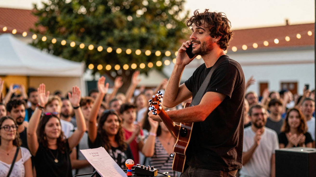 Jovem músico com guitarra fala ao telemóvel durante concerto ao ar livre com público animado aplaudindo.