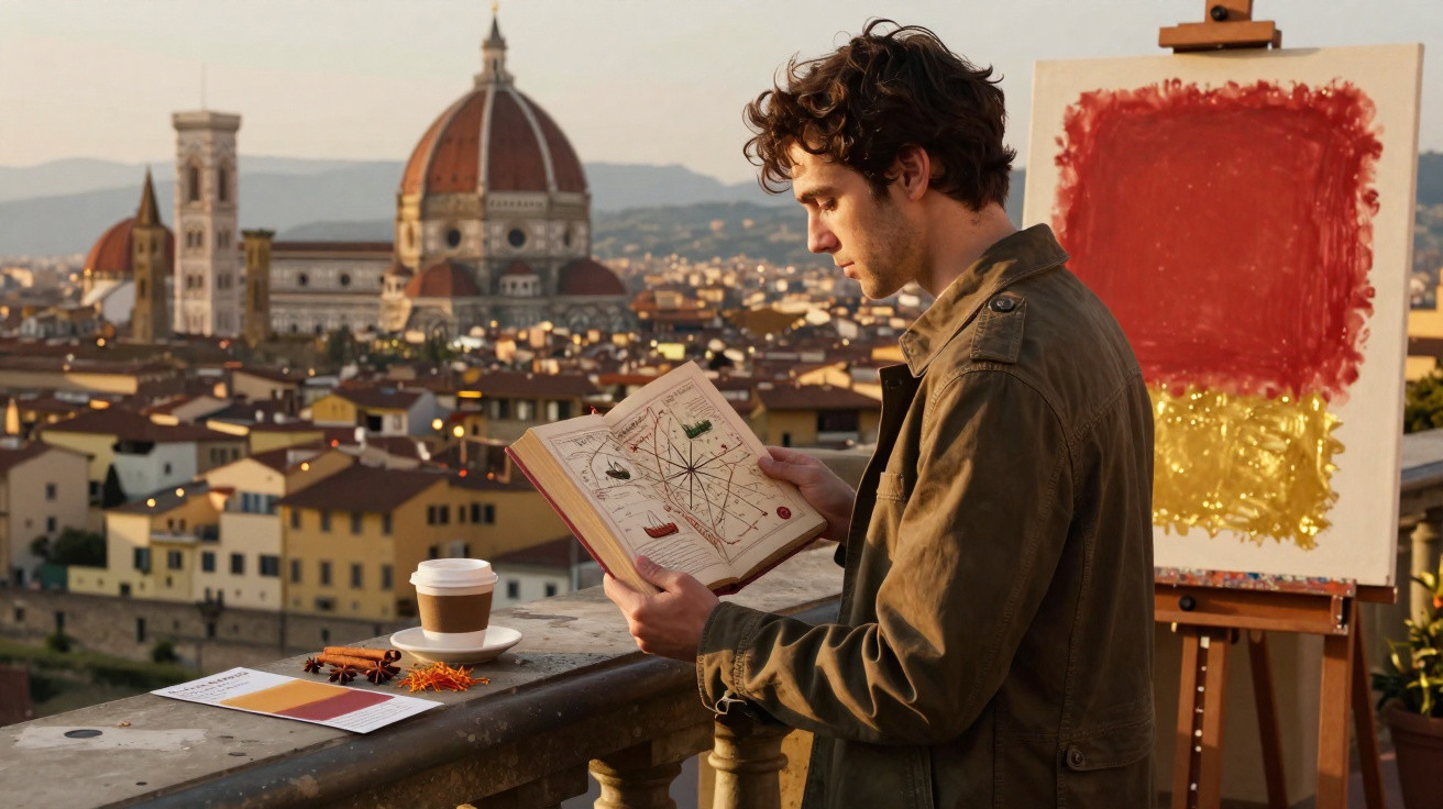 Homem jovem a ler um livro num terraço em Florença, com tela pintada e Catedral de Santa Maria del Fiore ao fundo.