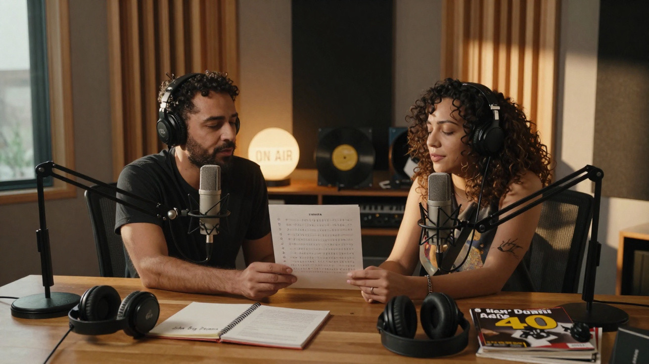 Dois podcasters com auscultadores a ler um guião num estúdio com microfones e material de gravação.