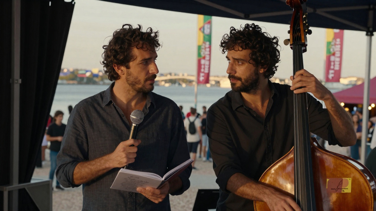 Dois homens com microfone e contrabaixo, fazendo performance junto a um rio e público ao fundo.